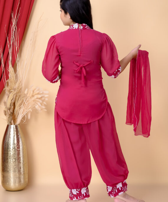 Girls Ethnic Dhoti Pant Set with Dupatta | Floral Embroidered Kurti Top | Kids Party Wear Dress for Girls