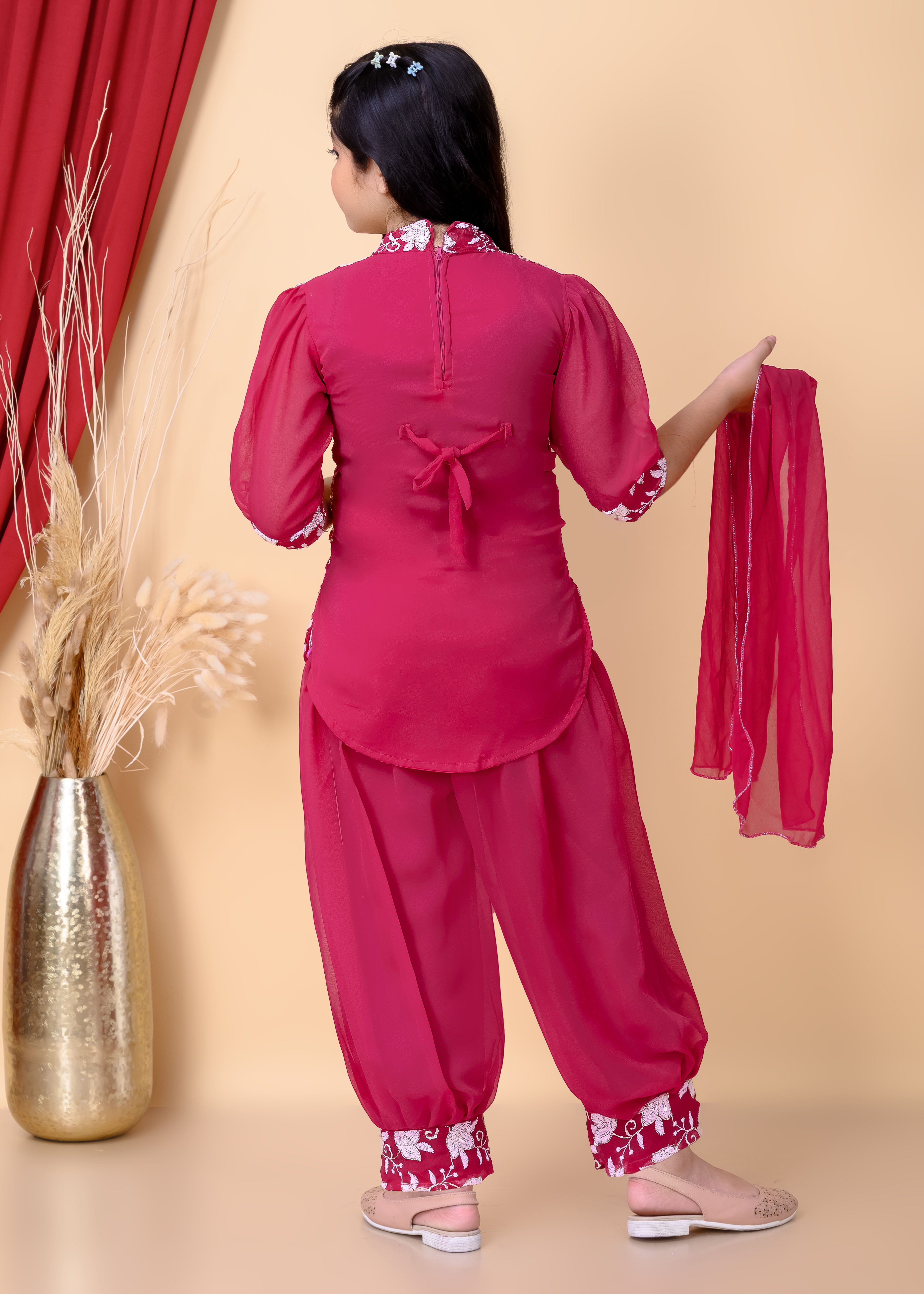 Girls Ethnic Dhoti Pant Set with Dupatta | Floral Embroidered Kurti Top | Kids Party Wear Dress for Girls - Image 14
