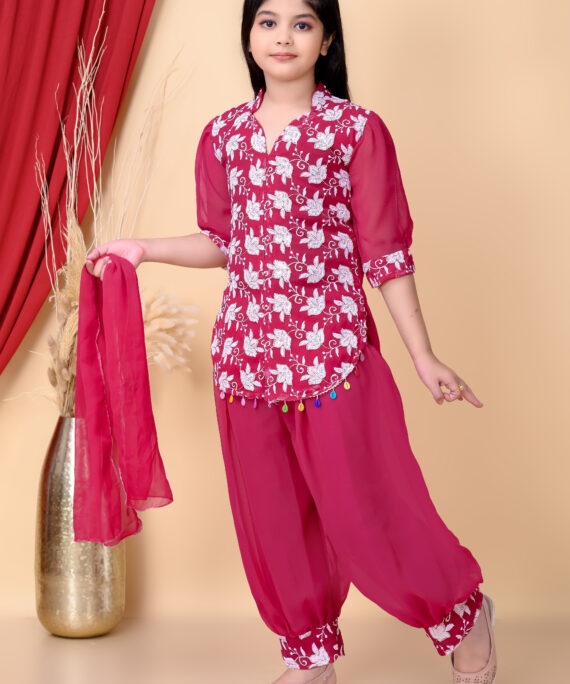 Girls Ethnic Dhoti Pant Set with Dupatta | Floral Embroidered Kurti Top | Kids Party Wear Dress for Girls