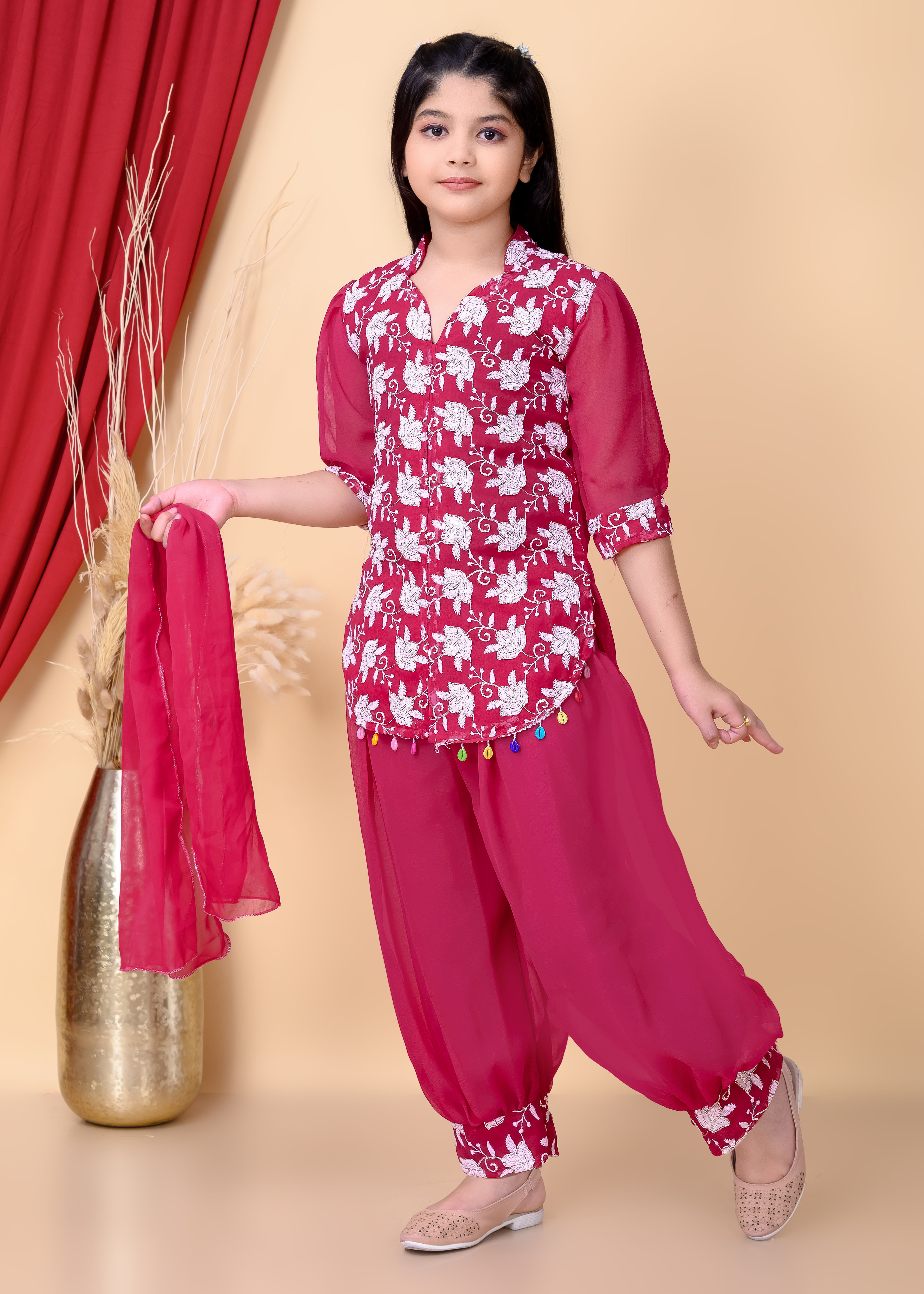 Girls Ethnic Dhoti Pant Set with Dupatta | Floral Embroidered Kurti Top | Kids Party Wear Dress for Girls