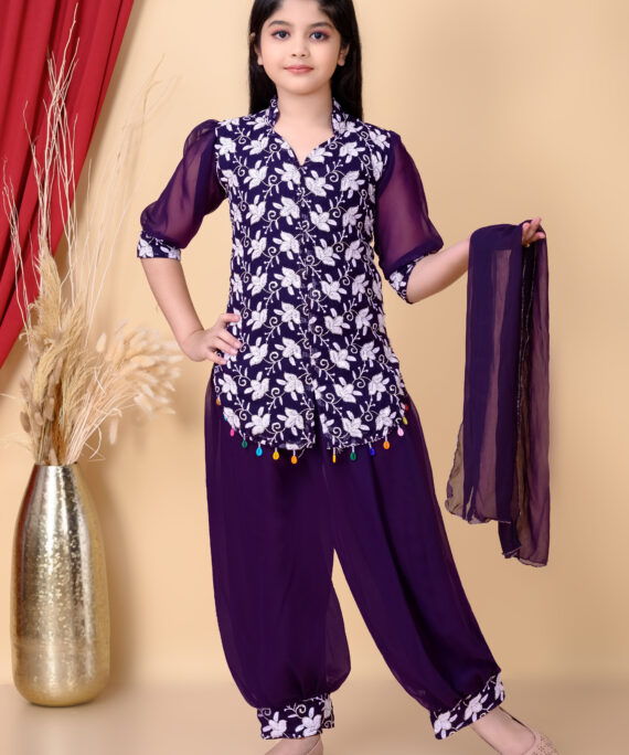 Girls Ethnic Dhoti Pant Set with Dupatta | Floral Embroidered Kurti Top | Kids Party Wear Dress for Girls