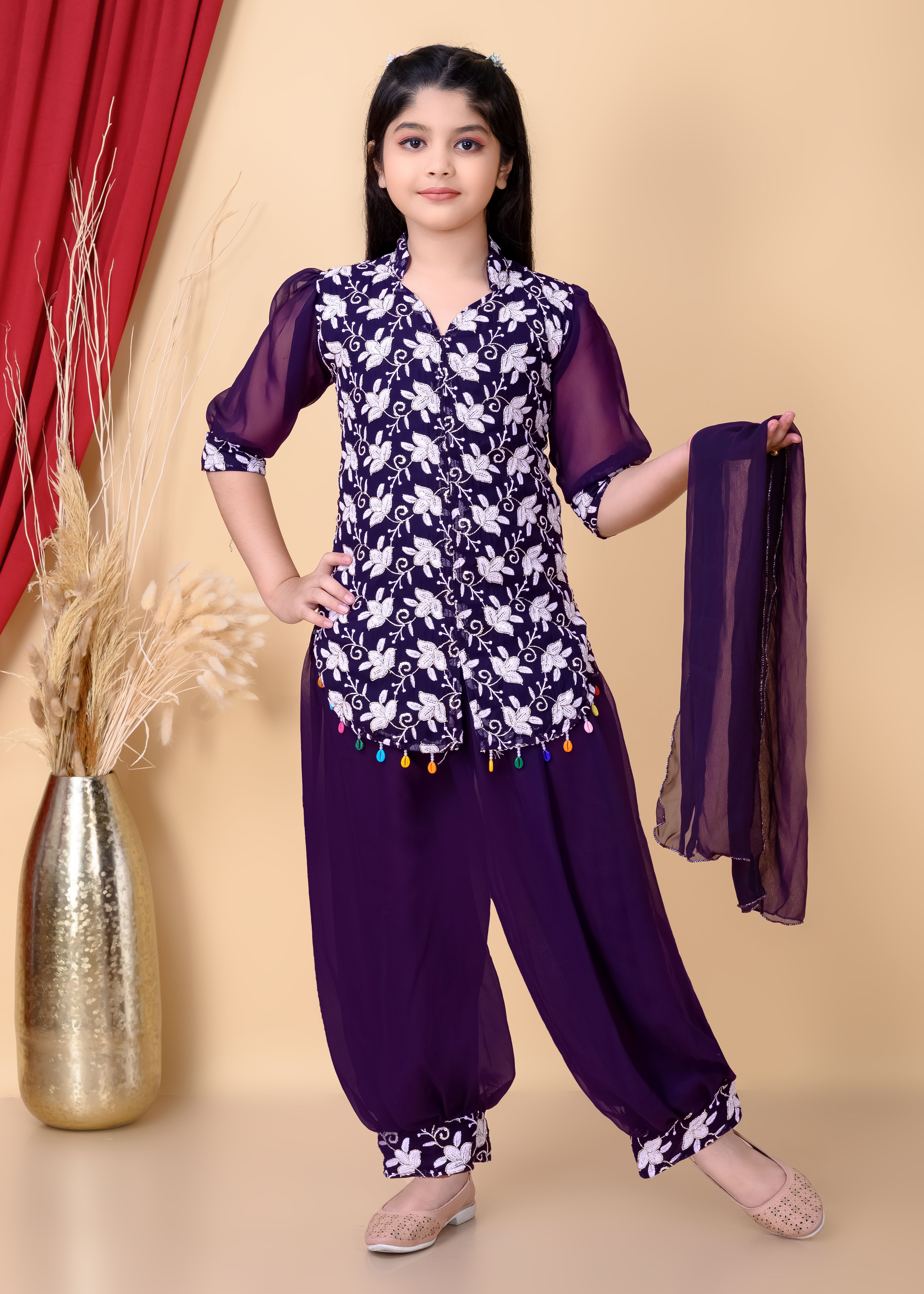 Girls Ethnic Dhoti Pant Set with Dupatta | Floral Embroidered Kurti Top | Kids Party Wear Dress for Girls - Image 10