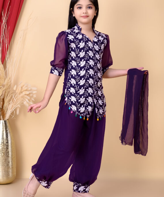 Girls Ethnic Dhoti Pant Set with Dupatta | Floral Embroidered Kurti Top | Kids Party Wear Dress for Girls