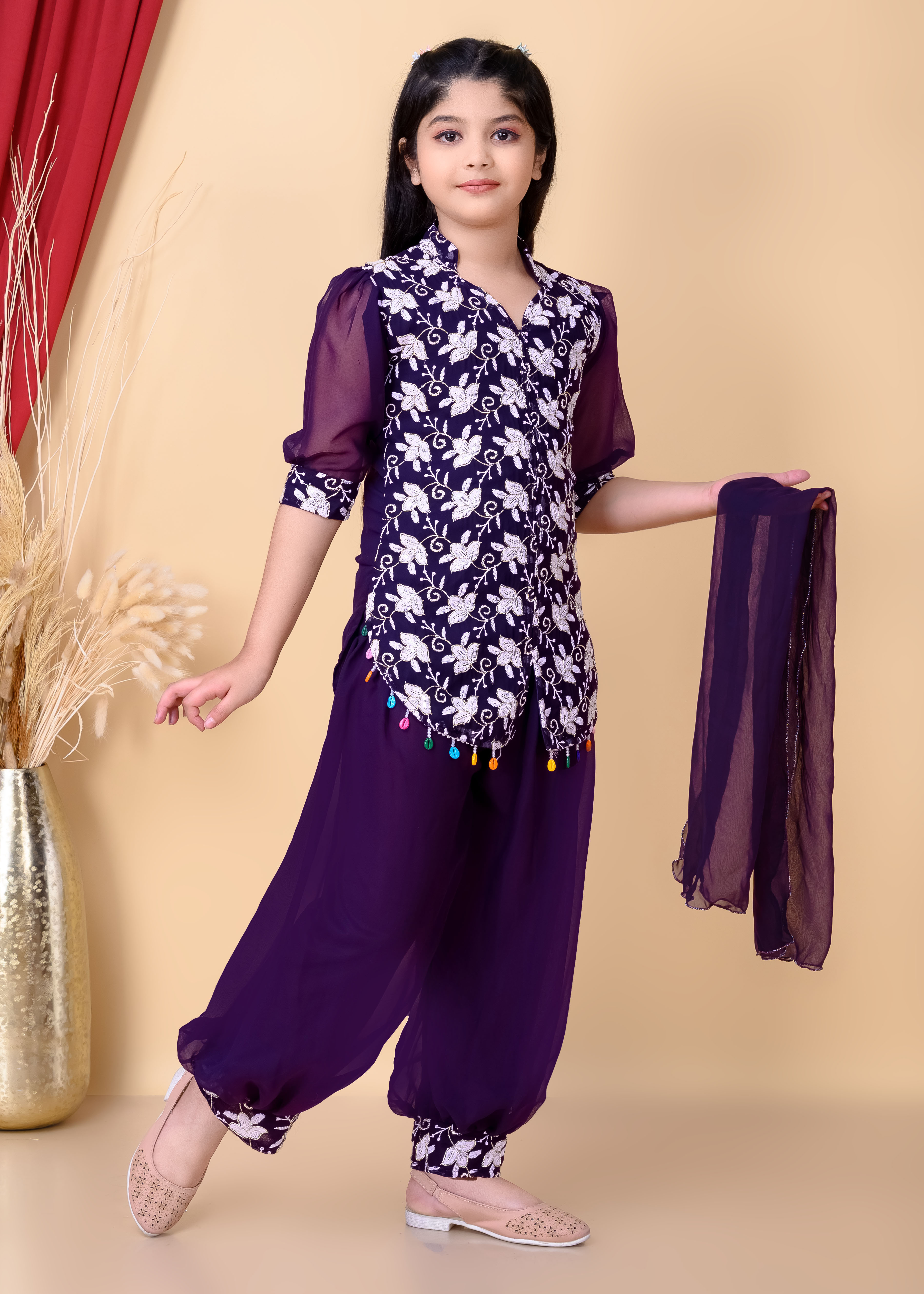 Girls Ethnic Dhoti Pant Set with Dupatta | Floral Embroidered Kurti Top | Kids Party Wear Dress for Girls - Image 11