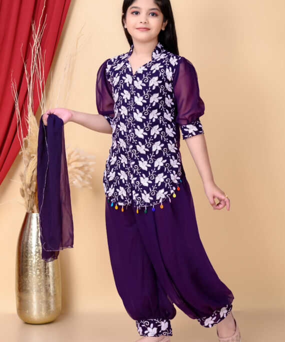 Girls Ethnic Dhoti Pant Set with Dupatta | Floral Embroidered Kurti Top | Kids Party Wear Dress for Girls