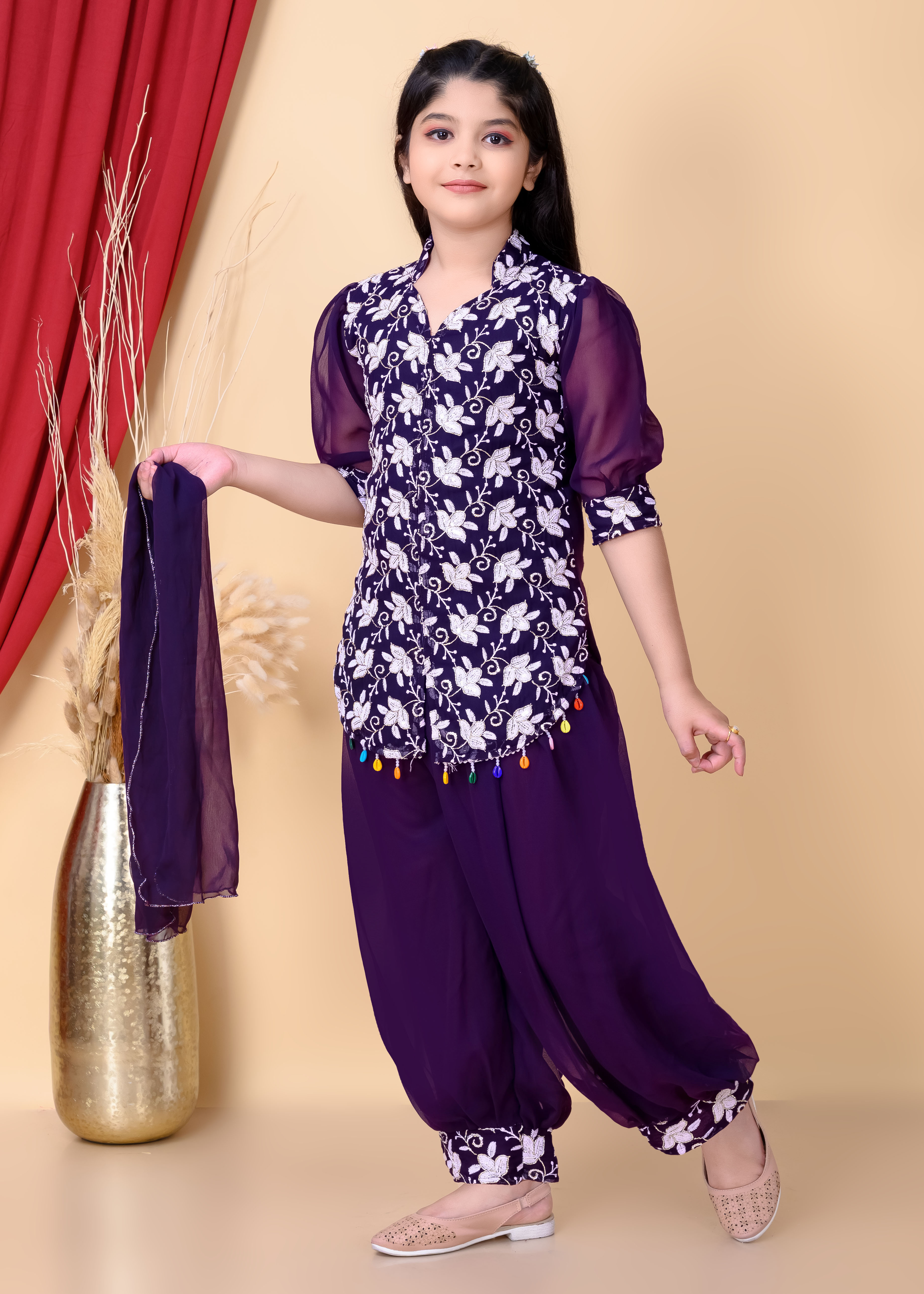 Girls Ethnic Dhoti Pant Set with Dupatta | Floral Embroidered Kurti Top | Kids Party Wear Dress for Girls - Image 9