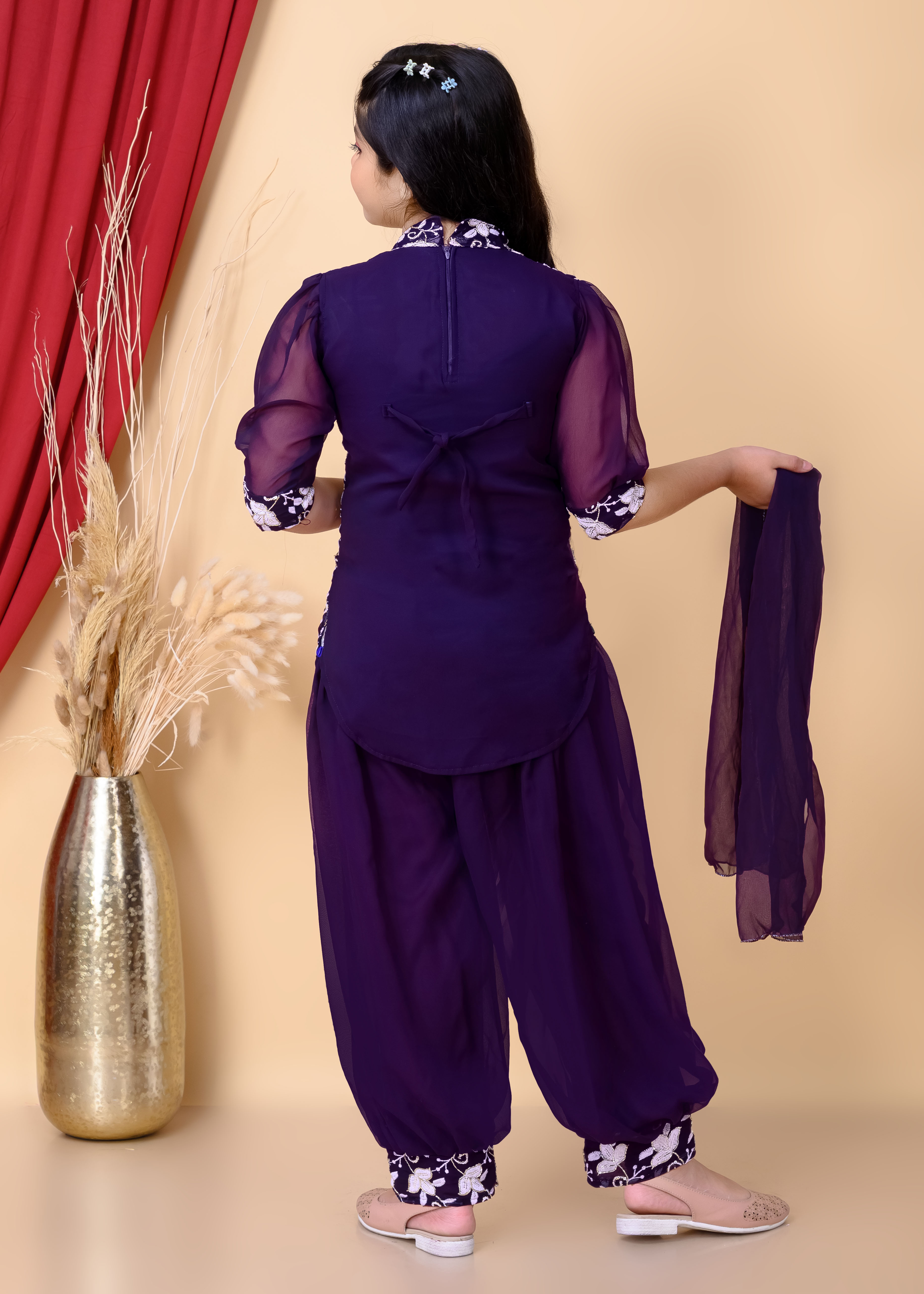 Girls Ethnic Dhoti Pant Set with Dupatta | Floral Embroidered Kurti Top | Kids Party Wear Dress for Girls - Image 8
