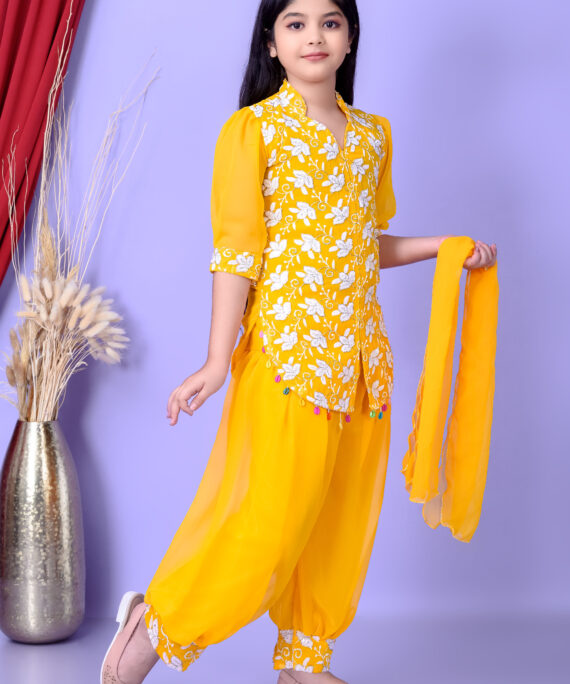 Girls Ethnic Dhoti Pant Set with Dupatta | Floral Embroidered Kurti Top | Kids Party Wear Dress for Girls