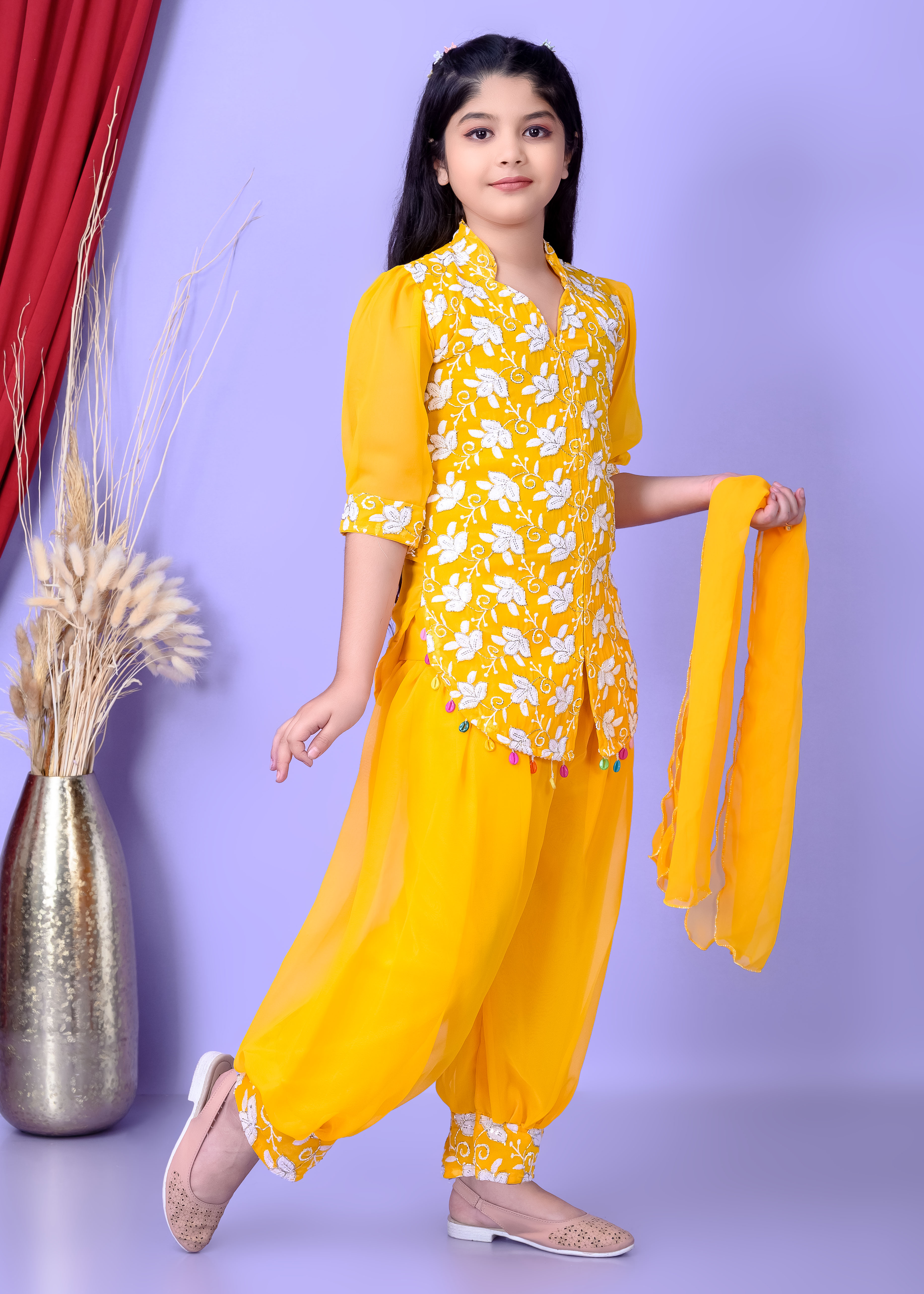 Girls Ethnic Dhoti Pant Set with Dupatta | Floral Embroidered Kurti Top | Kids Party Wear Dress for Girls - Image 7