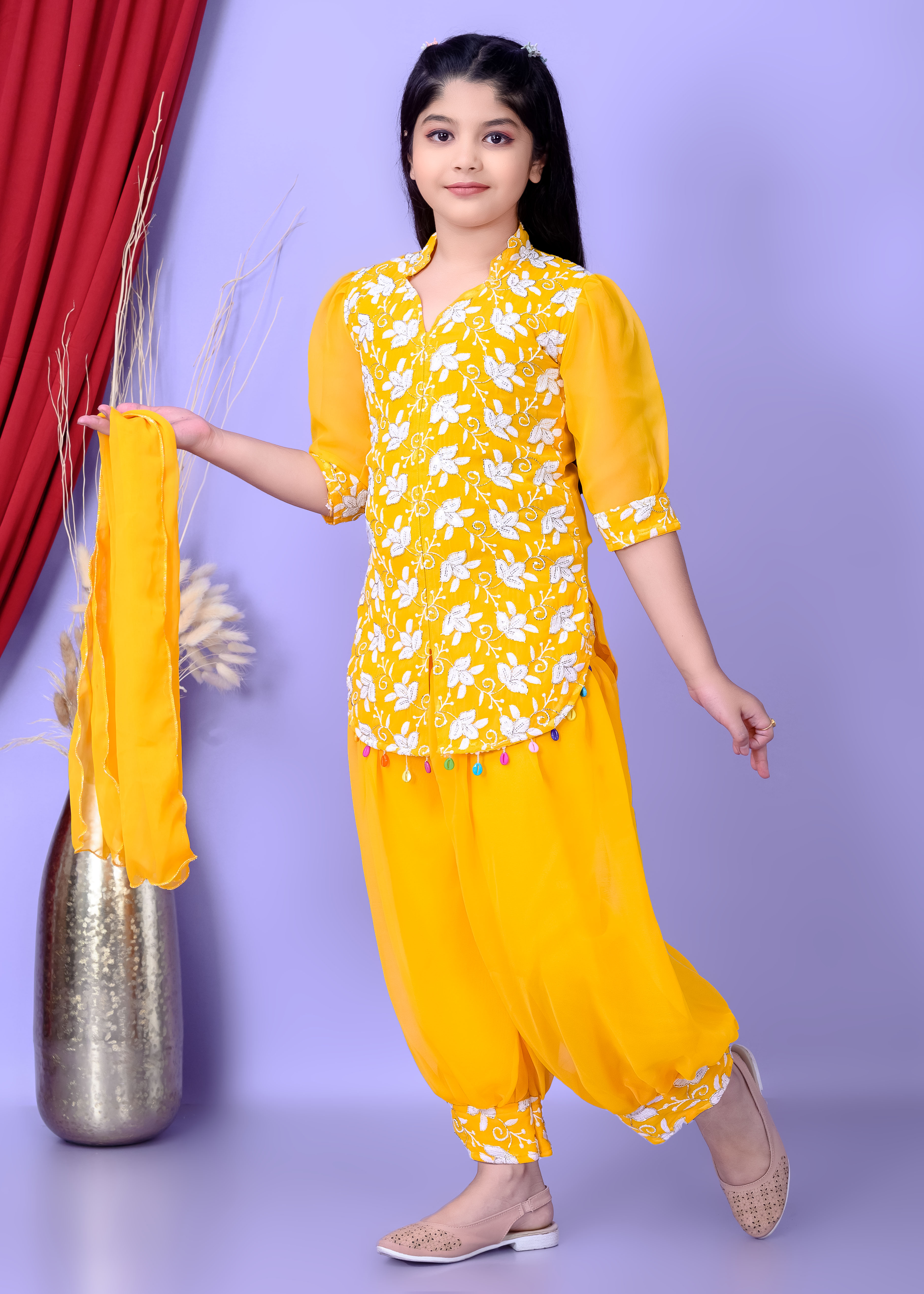 Girls Ethnic Dhoti Pant Set with Dupatta | Floral Embroidered Kurti Top | Kids Party Wear Dress for Girls - Image 5
