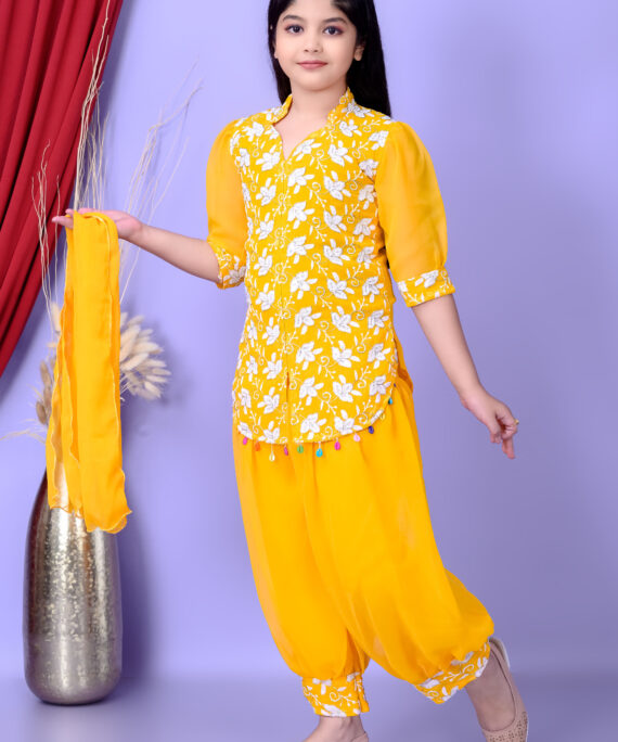 Girls Ethnic Dhoti Pant Set with Dupatta | Floral Embroidered Kurti Top | Kids Party Wear Dress for Girls