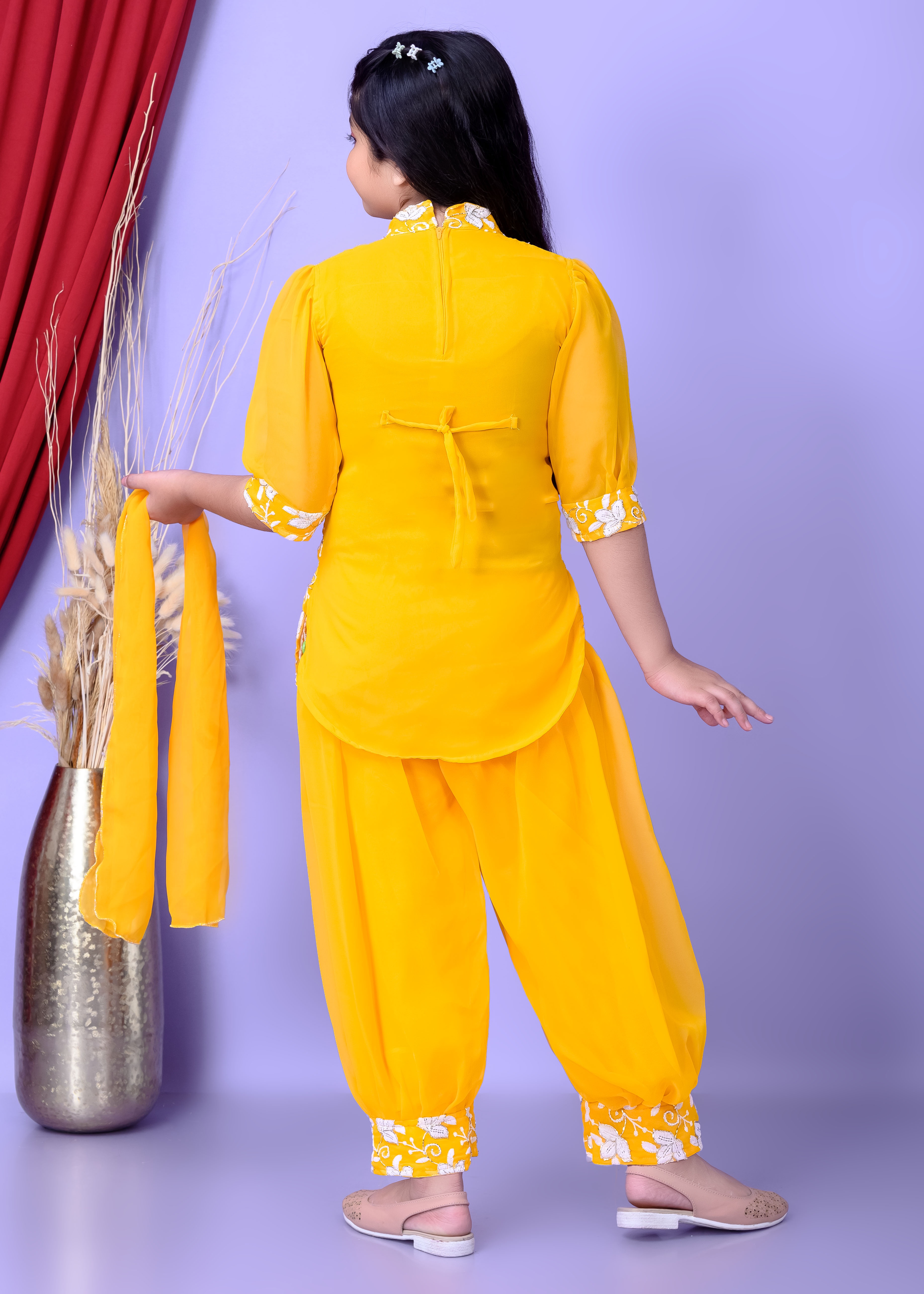 Girls Ethnic Dhoti Pant Set with Dupatta | Floral Embroidered Kurti Top | Kids Party Wear Dress for Girls - Image 3