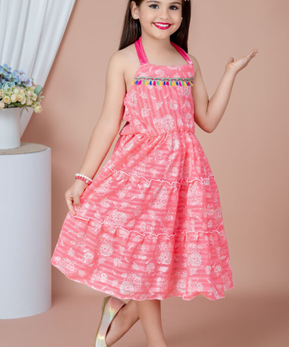 Girls Chiffon Party Wear Dress | Sleeveless Layered Frock | Printed Chiffon Midi Dress | Birthday & Summer Dress for Girls
