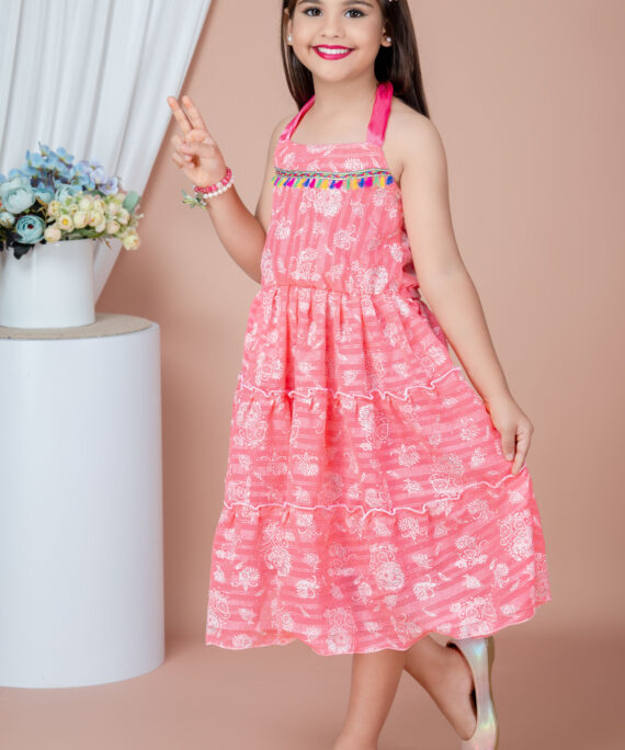 Girls Chiffon Party Wear Dress | Sleeveless Layered Frock | Printed Chiffon Midi Dress | Birthday & Summer Dress for Girls