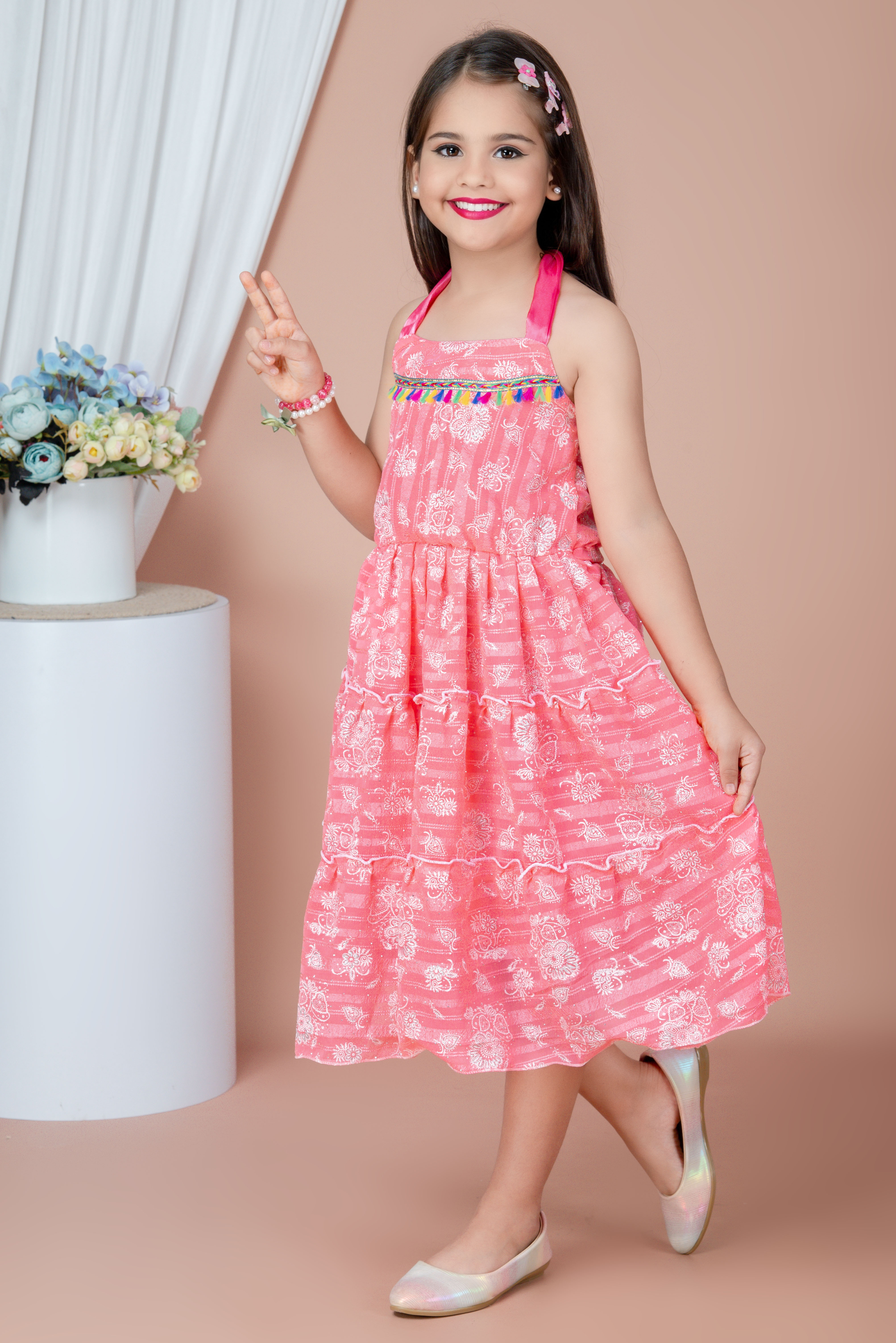 Girls Chiffon Party Wear Dress | Sleeveless Layered Frock | Printed Chiffon Midi Dress | Birthday & Summer Dress for Girls