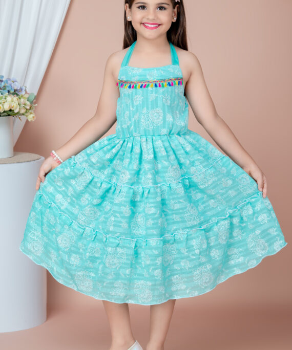 Girls Chiffon Party Wear Dress | Sleeveless Layered Frock | Printed Chiffon Midi Dress | Birthday & Summer Dress for Girls
