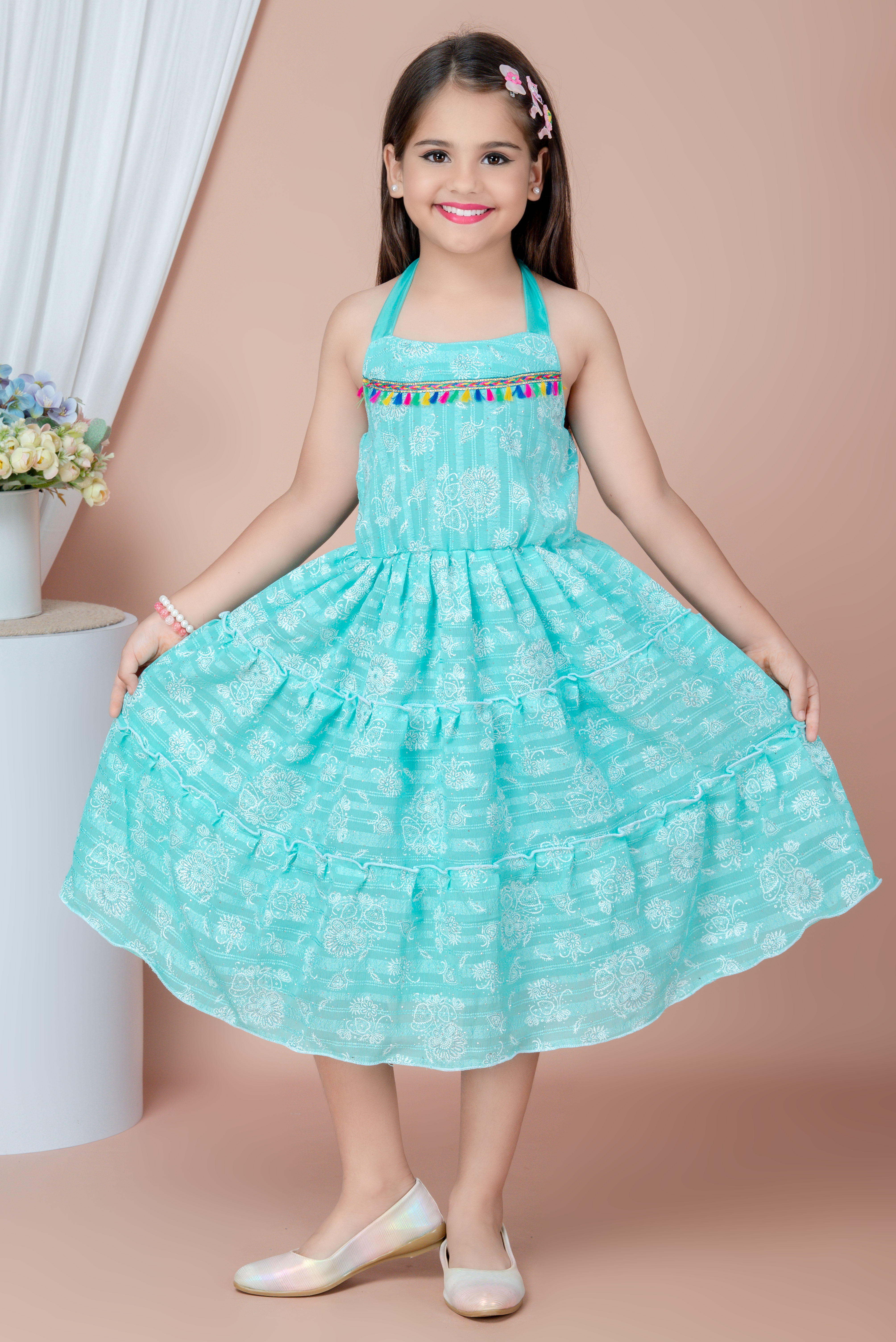 Girls Chiffon Party Wear Dress | Sleeveless Layered Frock | Printed Chiffon Midi Dress | Birthday & Summer Dress for Girls - Image 14