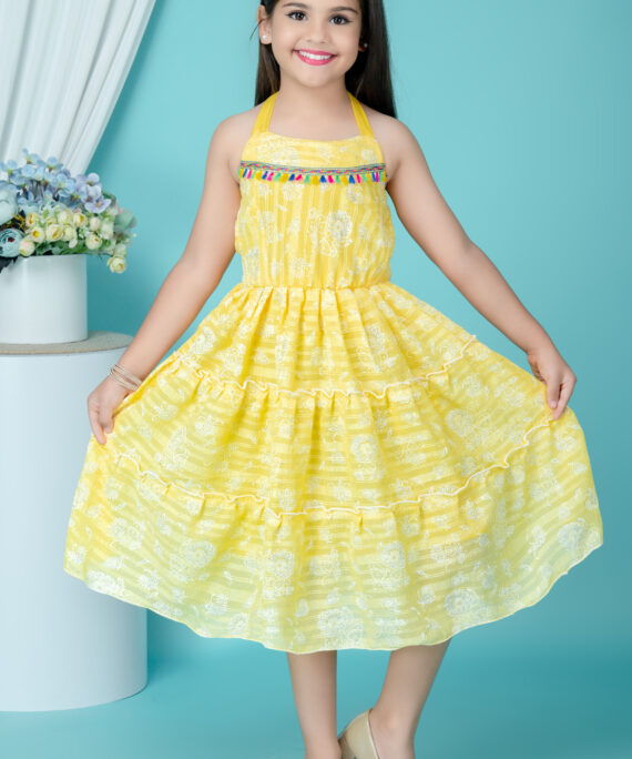 Girls Chiffon Party Wear Dress | Sleeveless Layered Frock | Printed Chiffon Midi Dress | Birthday & Summer Dress for Girls