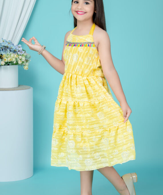 Girls Chiffon Party Wear Dress | Sleeveless Layered Frock | Printed Chiffon Midi Dress | Birthday & Summer Dress for Girls