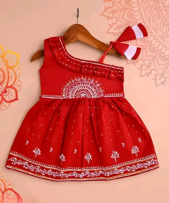 Girls Rayon Printed Fit & Flare Dress | One Shoulder Party Wear Frock for Girls | Red, Yellow & Sky Blue