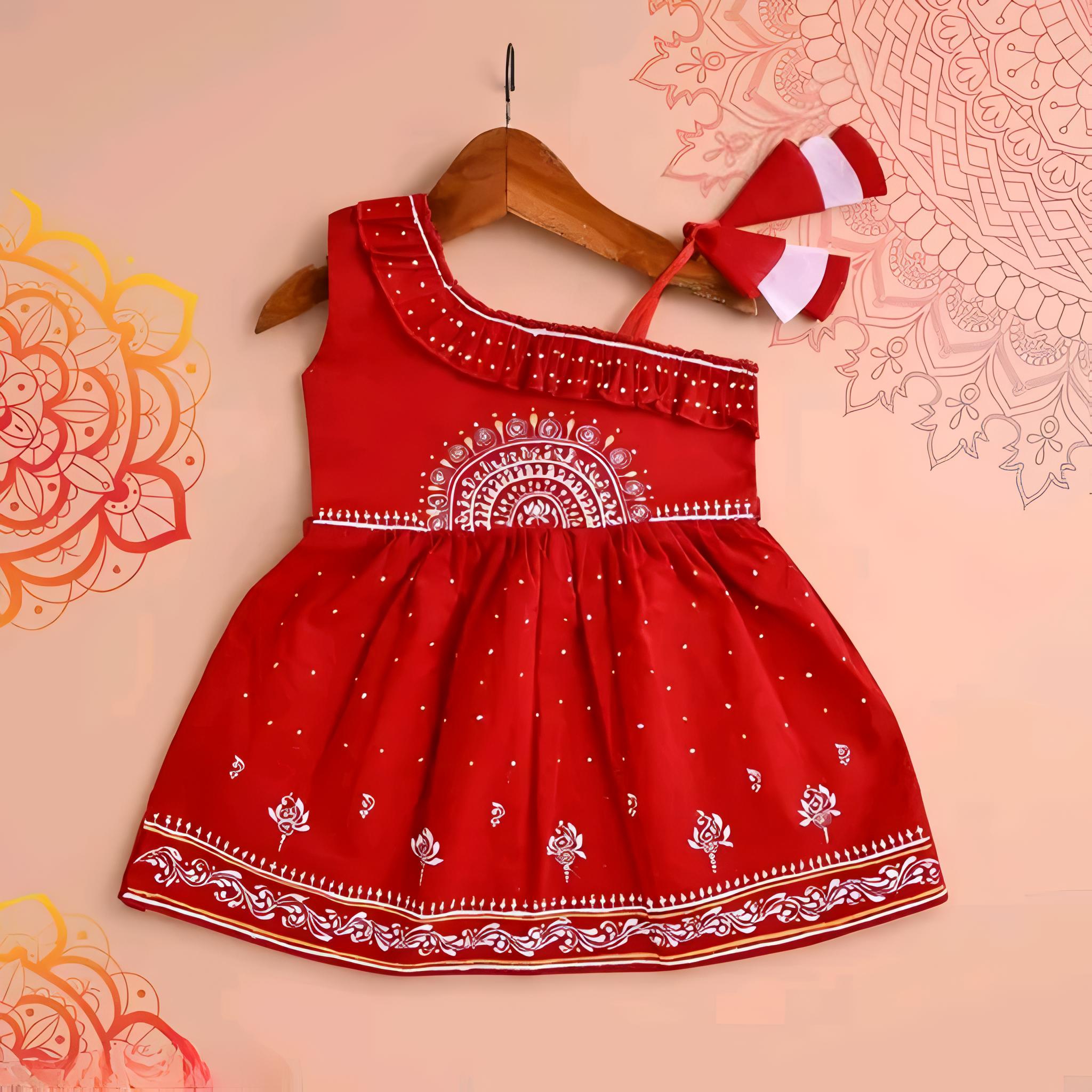 Girls Rayon Printed Fit & Flare Dress | One Shoulder Party Wear Frock for Girls | Red, Yellow & Sky Blue - Image 6
