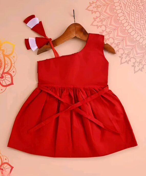 Girls Rayon Printed Fit & Flare Dress | One Shoulder Party Wear Frock for Girls | Red, Yellow & Sky Blue