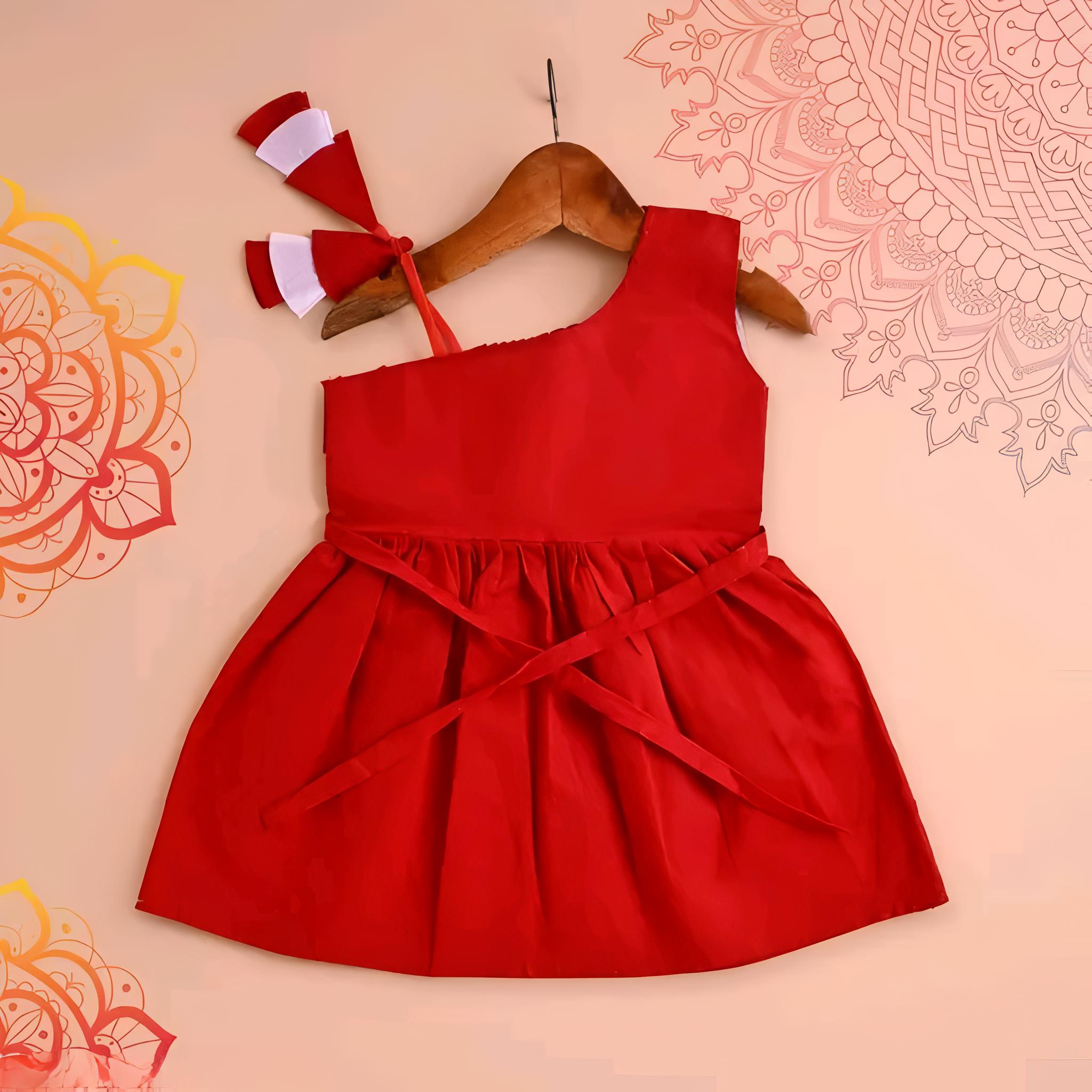 Girls Rayon Printed Fit & Flare Dress | One Shoulder Party Wear Frock for Girls | Red, Yellow & Sky Blue - Image 7