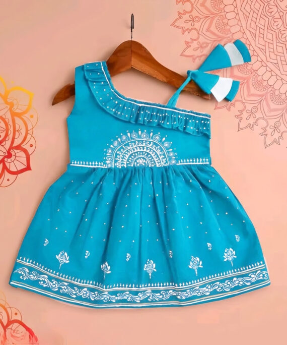 Girls Rayon Printed Fit & Flare Dress | One Shoulder Party Wear Frock for Girls | Red, Yellow & Sky Blue
