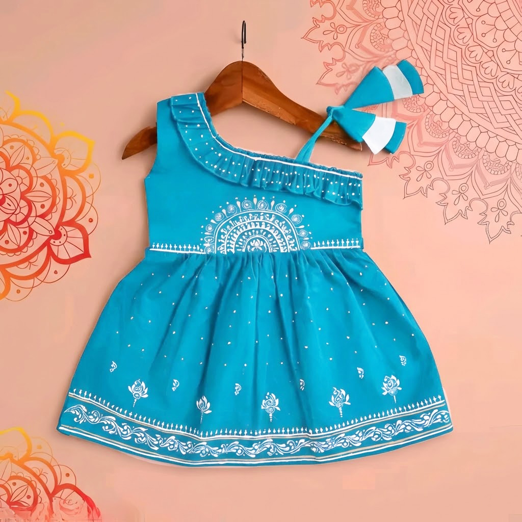 Girls Rayon Printed Fit & Flare Dress | One Shoulder Party Wear Frock for Girls | Red, Yellow & Sky Blue - Image 9