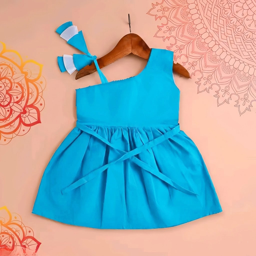 Girls Rayon Printed Fit & Flare Dress | One Shoulder Party Wear Frock for Girls | Red, Yellow & Sky Blue - Image 8