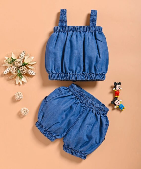 Kids Girls Denim Co-Ord Set | Denim Crop Top & Elastic Waist Shorts Set | Stylish Summer Outfit for Girls