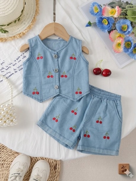 Girls Denim Co-Ord Set with Cherry Embroidery | Sleeveless Denim Top & Shorts Set for Girls | Stylish Summer Outfit