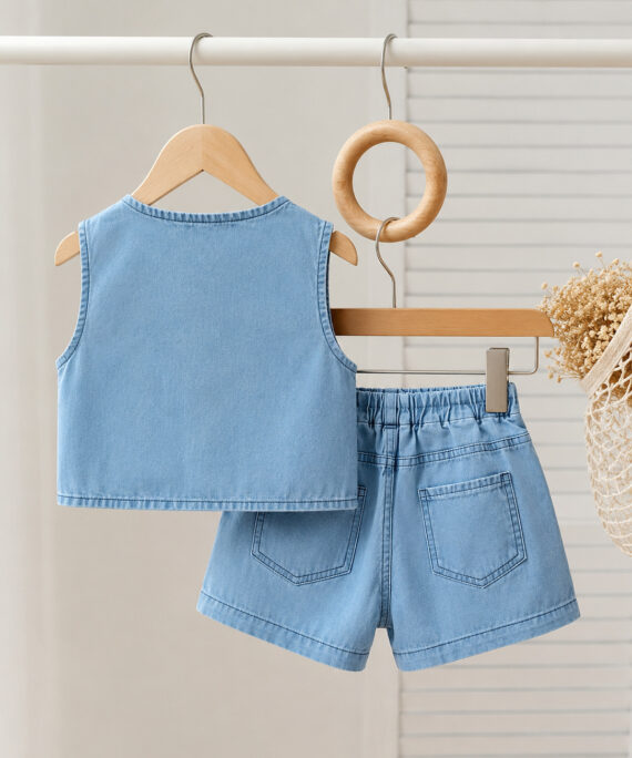 Girls Denim Co-Ord Set with Cherry Embroidery | Sleeveless Denim Top & Shorts Set for Girls | Stylish Summer Outfit
