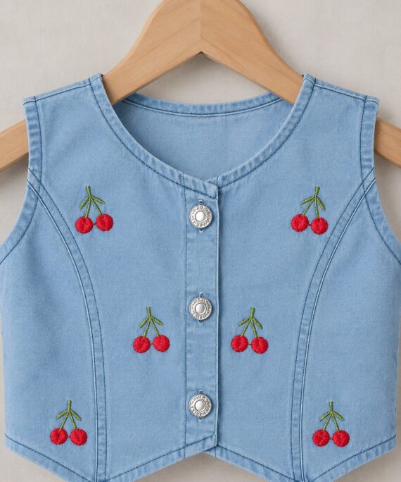 Girls Denim Co-Ord Set with Cherry Embroidery | Sleeveless Denim Top & Shorts Set for Girls | Stylish Summer Outfit