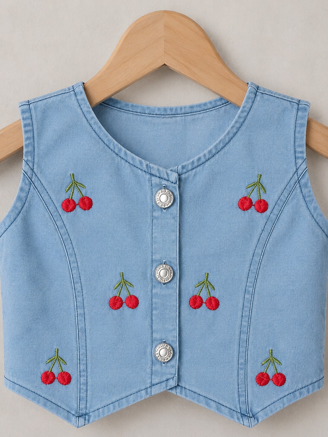 Girls Denim Co-Ord Set with Cherry Embroidery | Sleeveless Denim Top & Shorts Set for Girls | Stylish Summer Outfit - Image 2
