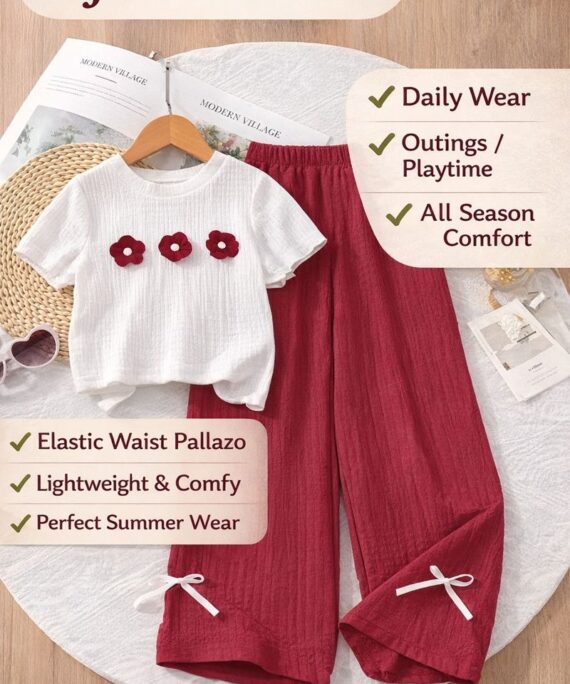 Girls Cotton Top Palazzo Set | Floral Applique Top with Palazzo Pants | Kids Summer Co-Ord Set for Girls