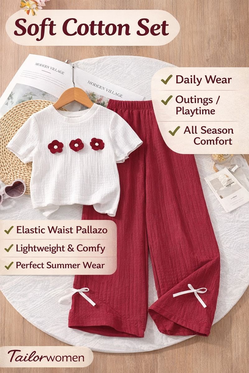 Girls Cotton Top Palazzo Set | Floral Applique Top with Palazzo Pants | Kids Summer Co-Ord Set for Girls - Image 3