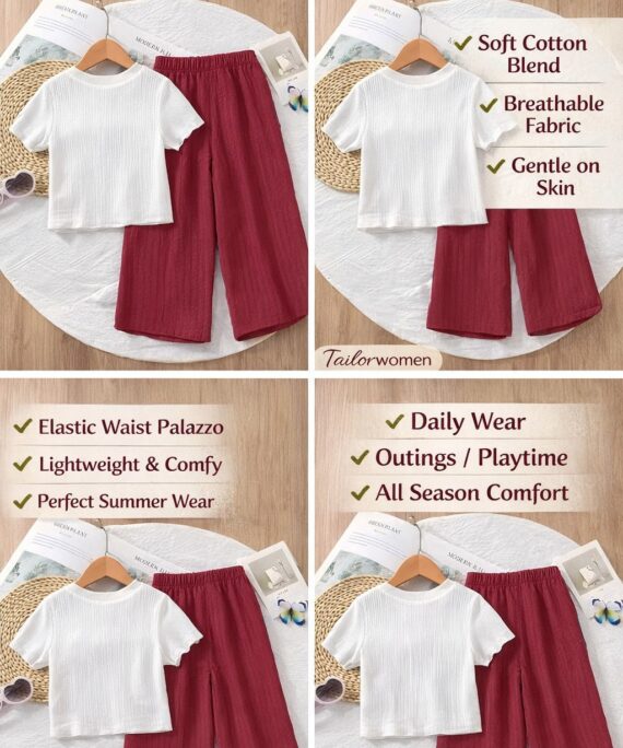 Girls Cotton Top Palazzo Set | Floral Applique Top with Palazzo Pants | Kids Summer Co-Ord Set for Girls