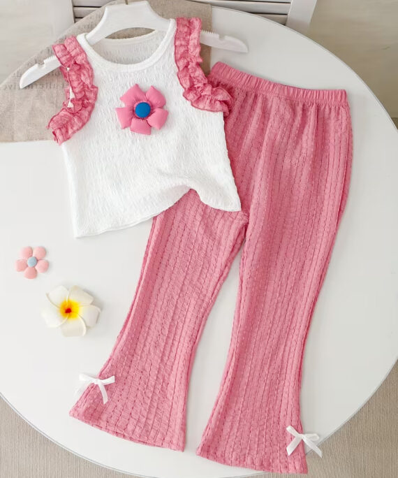 Girls Cotton Top Palazzo Set | Ruffle Sleeve Top with Flared Palazzo Pants | Stylish Summer Co-Ord Set for Girls