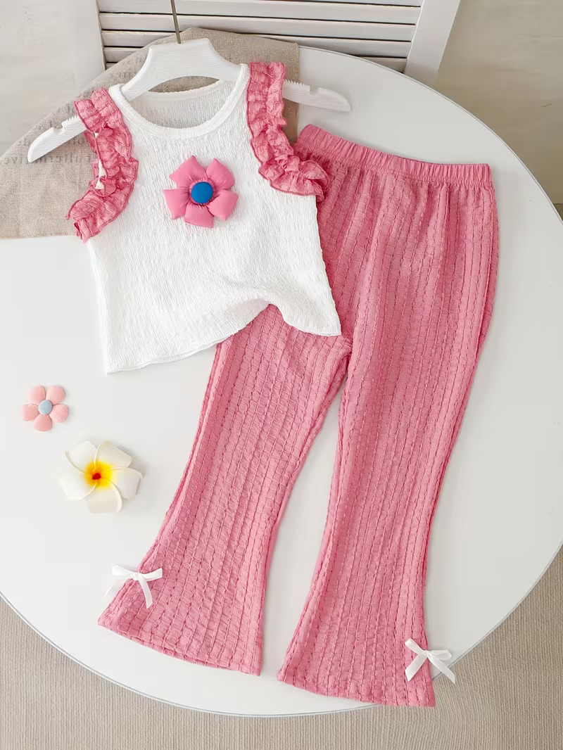Girls Cotton Top Palazzo Set | Ruffle Sleeve Top with Flared Palazzo Pants | Stylish Summer Co-Ord Set for Girls