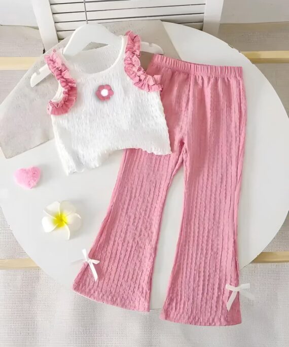 Girls Cotton Top Palazzo Set | Ruffle Sleeve Top with Flared Palazzo Pants | Stylish Summer Co-Ord Set for Girls