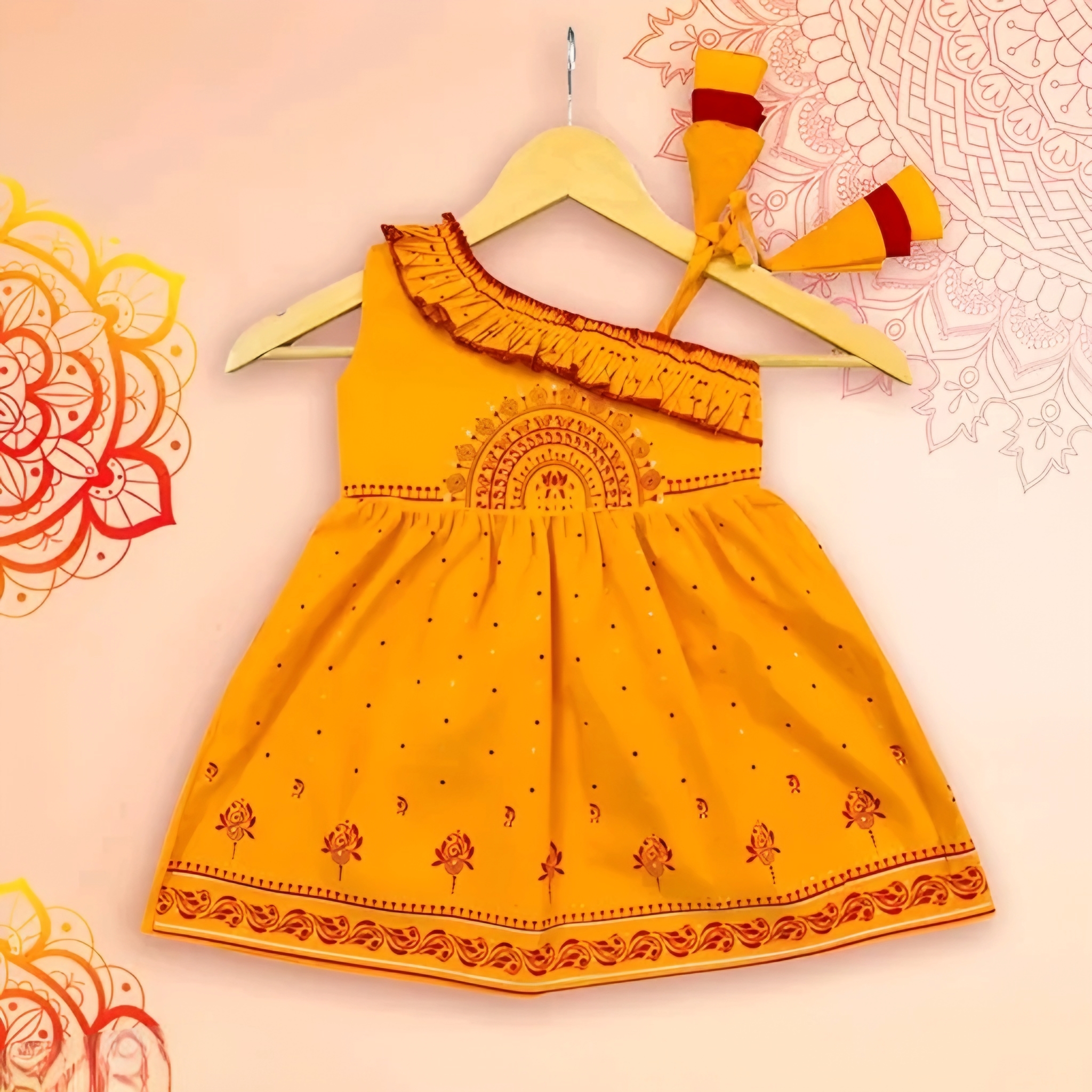 Girls Rayon Printed Fit & Flare Dress | One Shoulder Party Wear Frock for Girls | Red, Yellow & Sky Blue - Image 2
