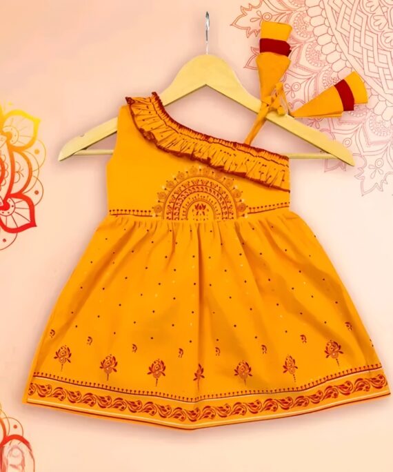 Girls Rayon Printed Fit & Flare Dress | One Shoulder Party Wear Frock for Girls | Red, Yellow & Sky Blue