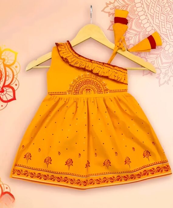 Girls Rayon Printed Fit & Flare Dress | One Shoulder Party Wear Frock for Girls | Red, Yellow & Sky Blue